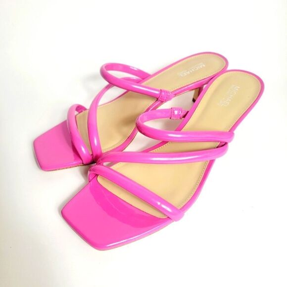 Michael Kors Celia Kitten Strappy Square Toe Slide Pink Patent Bombe Size 8.5 - Picture 2 of 9